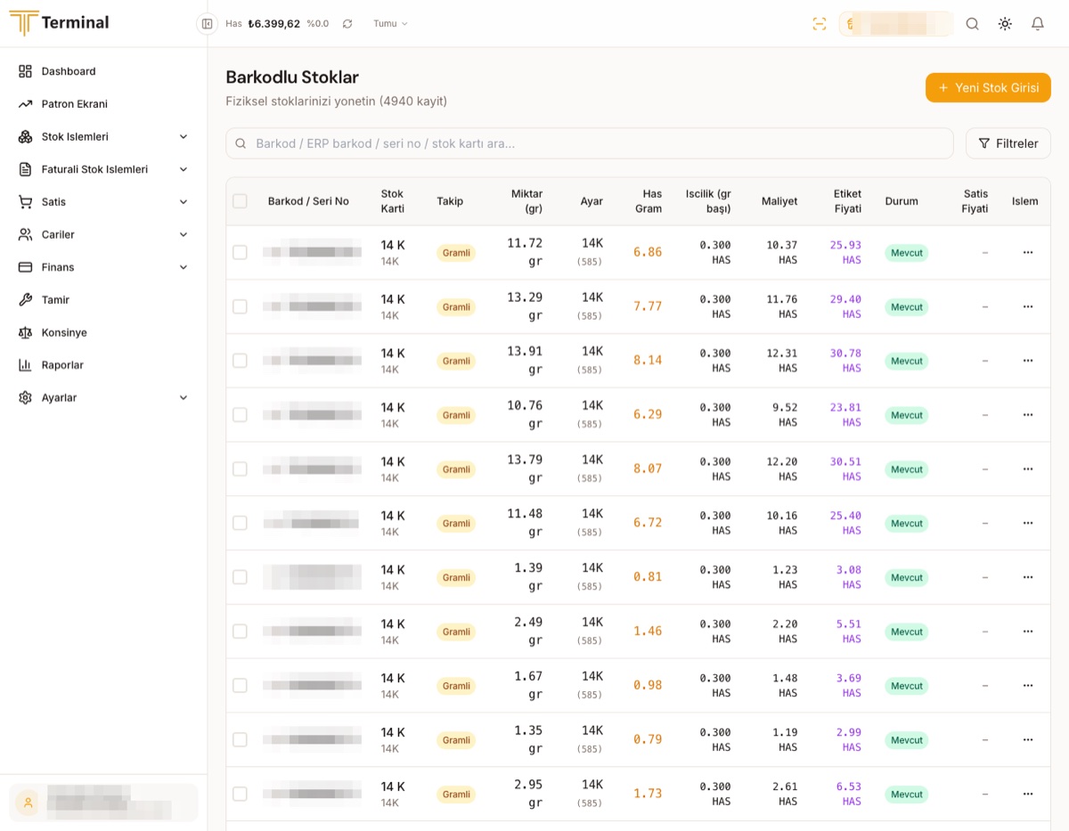 Terminal pırlanta programı barkodlu stok ekranı