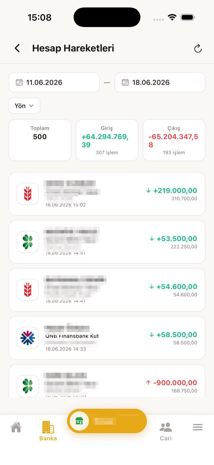 Terminal mobil hesap hareketleri ekranı