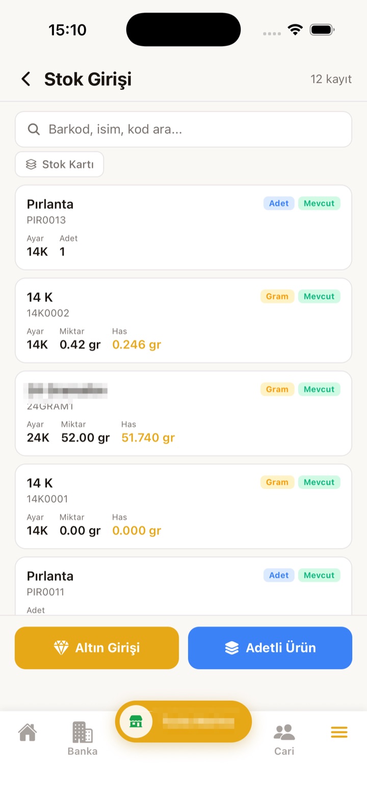 Terminal mobil stok girişi ekranı